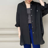 Black Casual Stand Collar Long Sleeve Shirt